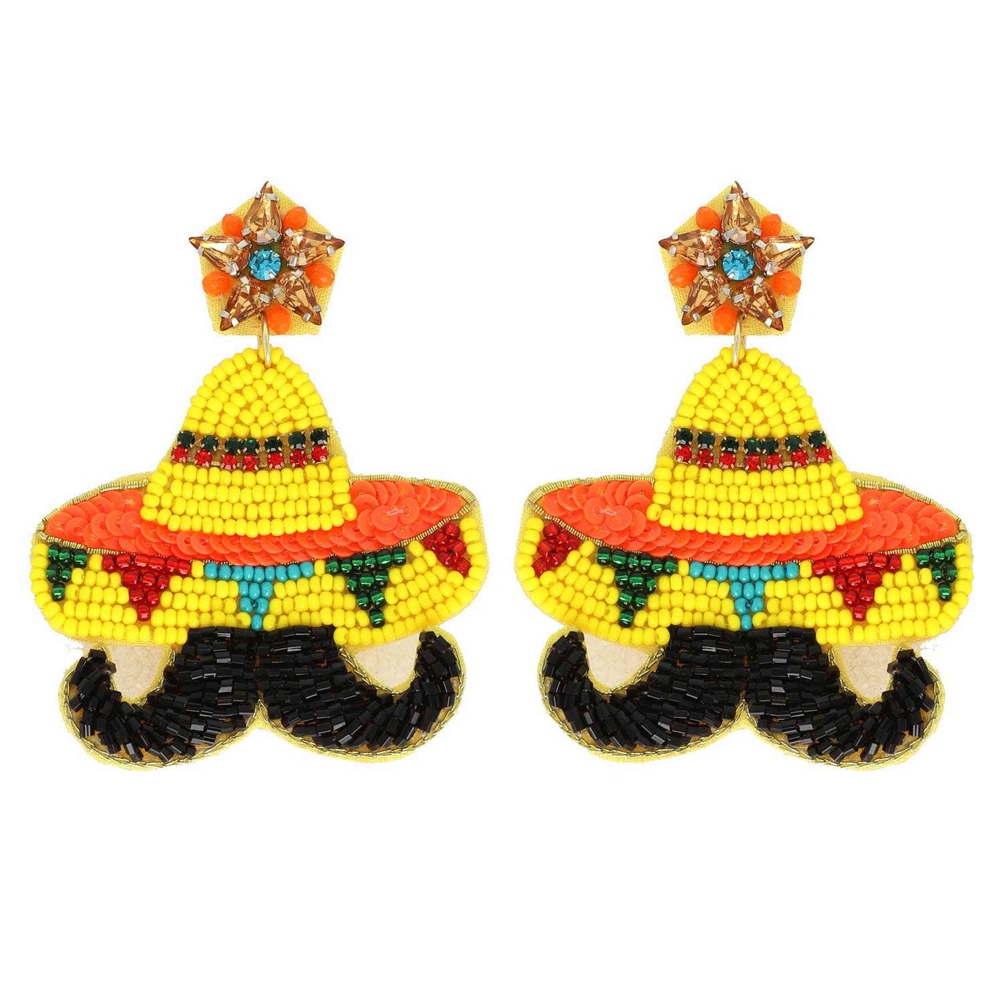 Sophia Collection - Cinco De Mayo Sombrero Mustache Beaded Earrings