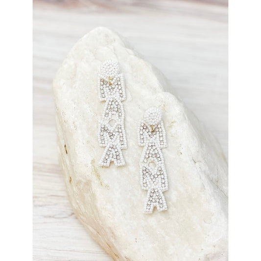 'Mama' Beaded Rhinestone Dangle Earrings - White