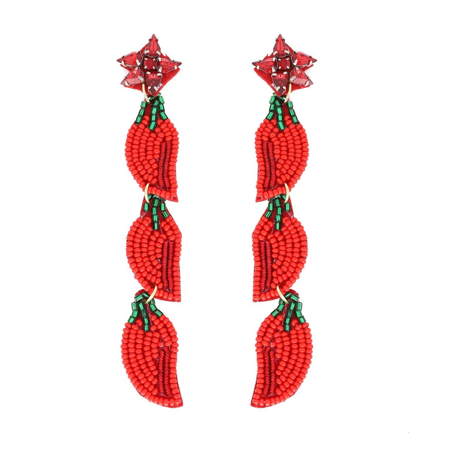 SP Sophia Collection - 4 Tier Jeweled Beaded Chili Peppers Long Dangle Earrings