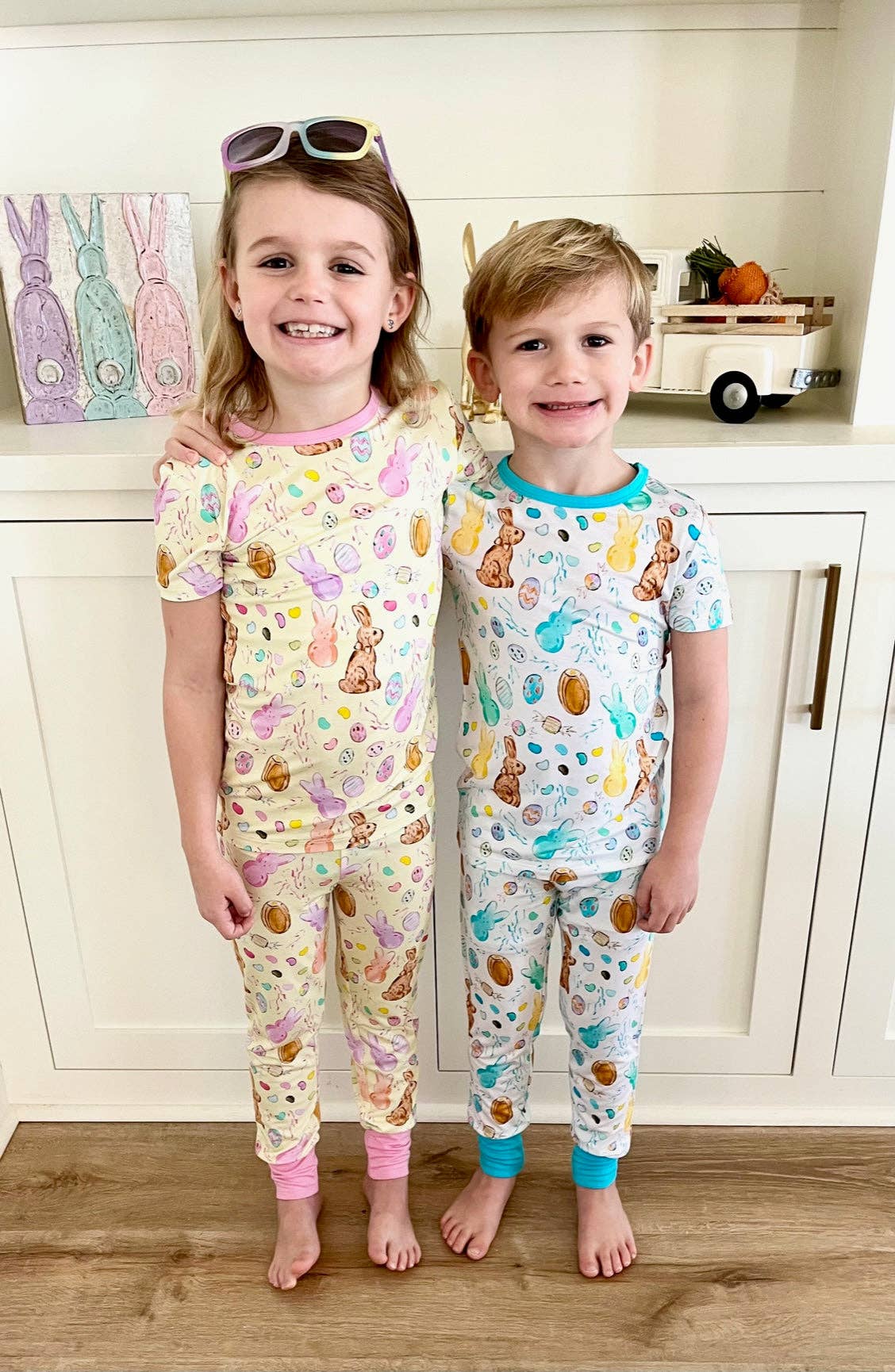 Sweet Bay Clothing - Easter Candy White/Blue Two Piece Pajama Pants Set
