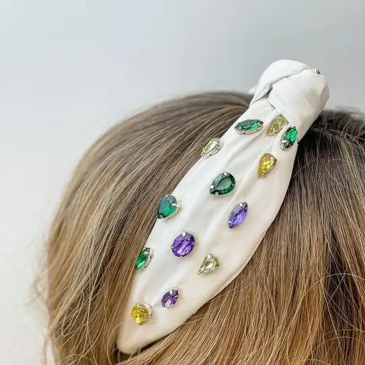 Mardi Gras Top Knot Jewel Headband in White