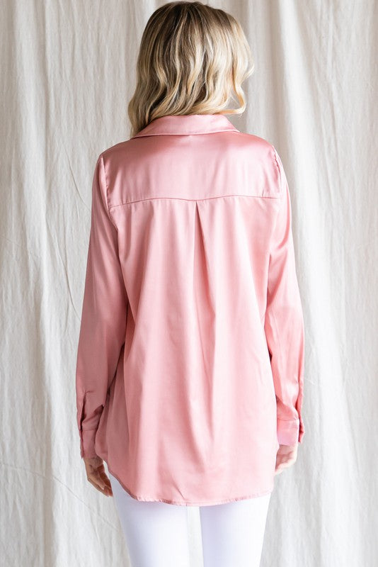 Solid Satin Button Up Long Sleeve Top