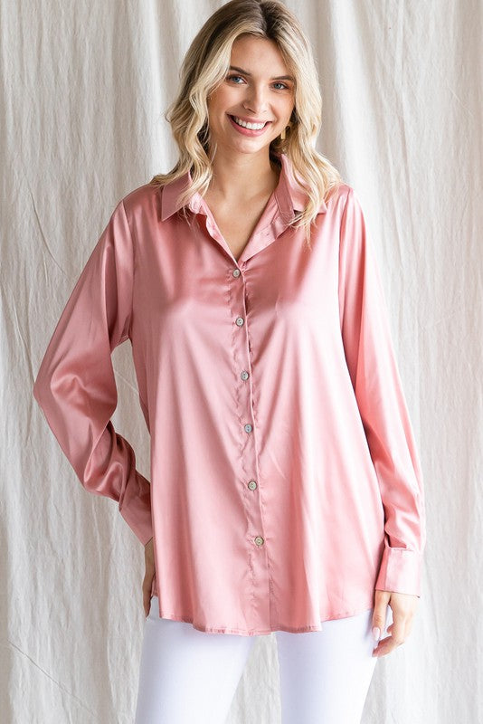 Solid Satin Button Up Long Sleeve Top