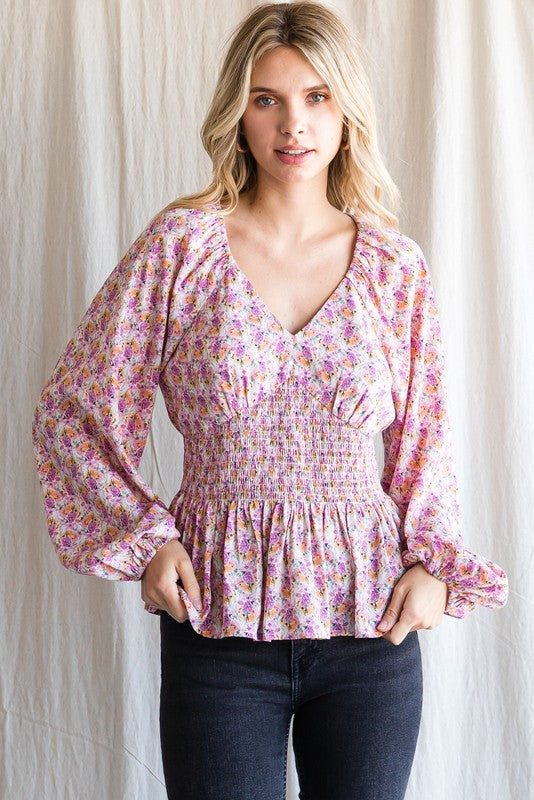 Floral Print Smocked Waist Top