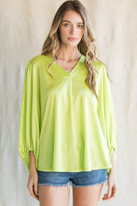 Glossy Solid Peasant Sleeves Top in Lime Green