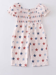 Star print smocked girl jumpsuit