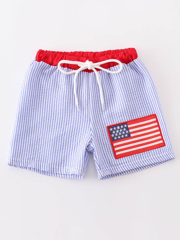 Patriotic flag seersucker applique boy swim shorts
