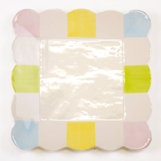 The Royal Standard - Candy Stripe Scalloped Square Platter   White/Multi   11.5x11.5