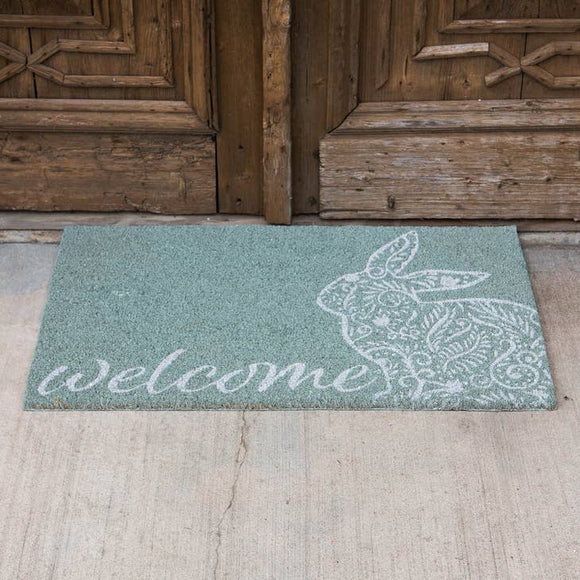 Welcome Floral Bunny Coir Doormat Light Blue/White 30x18