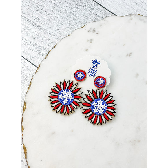 Patriotic Dandelion Beaded Dangle Earrings
