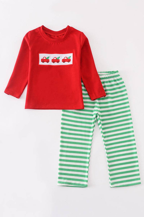 Red truck Christmas tree embroidery boy set