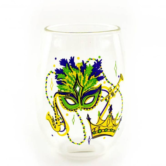 Stemless Wine Glass-Mardi Gras Mask