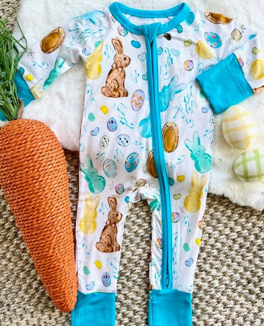 Sweet Bay Clothing - Easter Candy White/Blue Zipper Onesie