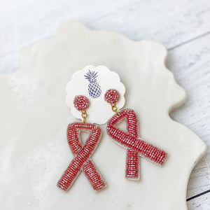 Pink Ribbon Breast Cancer Awareness Beaded Dangle Earrings