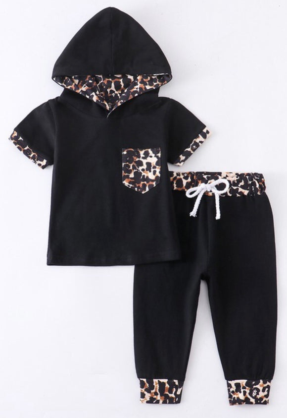Black Leopard Loungewear Hoodie Set