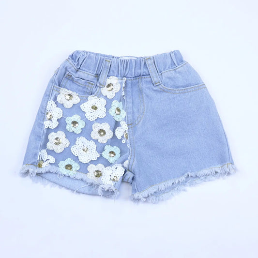 Doe a Dear- Sequin Trim Shorts in Blue