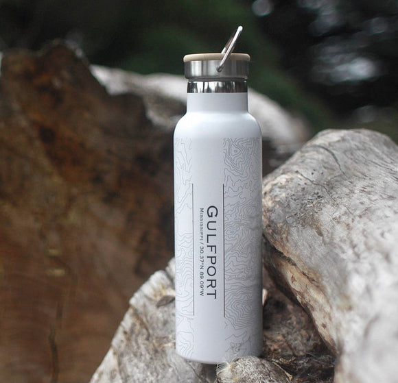 Gulfport, MS Map Bottle with Bamboo Top in Matte White