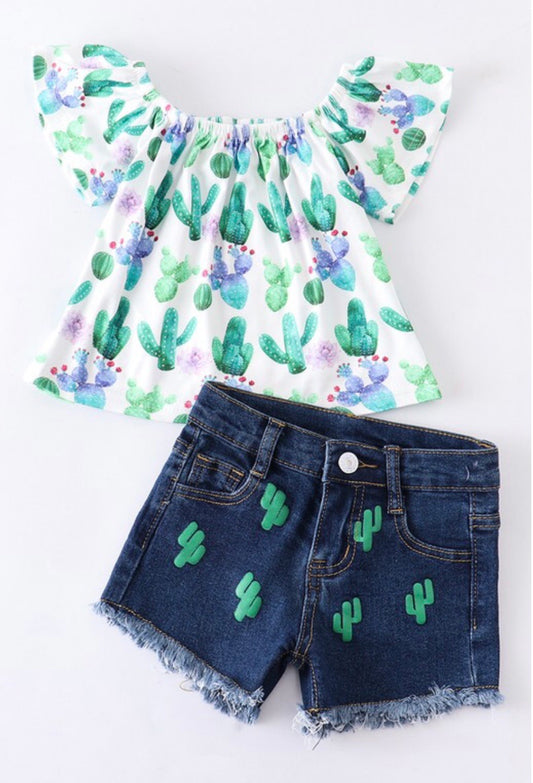 Honeydew- Cactus Embroidery 2 Piece Set Denim Shorts