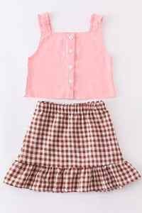 Pink Button Down Plaid Skirt Set