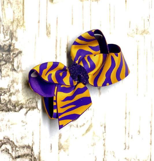 Cajun Lady’s Lagniappe- LSU Tiger Stripes Twisted Bow with Alligator Clip